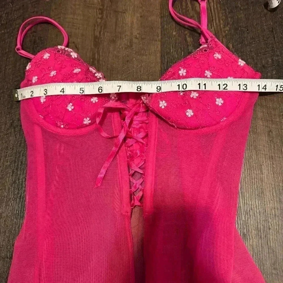 y2k Women Pink Sheer Babydoll Lace  Up Split Front Lingerie Top S - Picture 7 of 7
